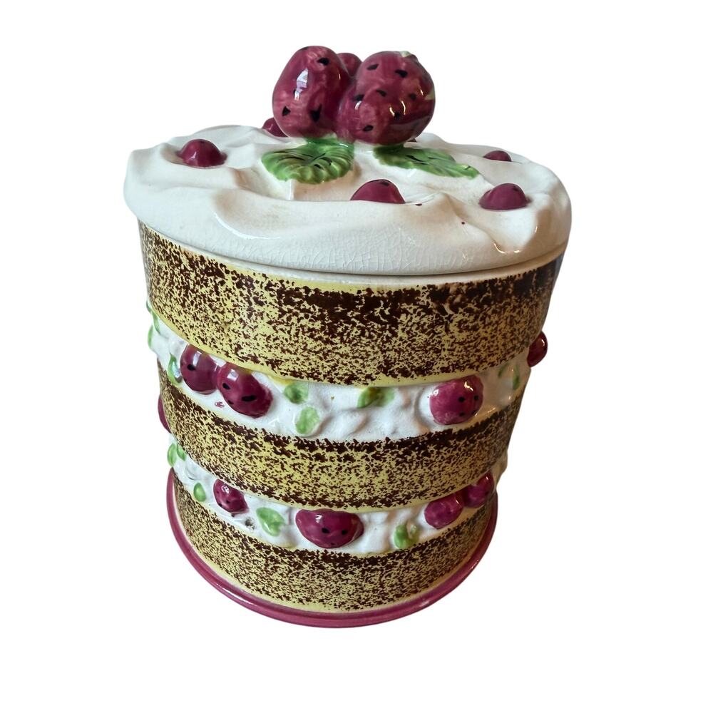 Vintage Napcoware Strawberry Chocolate Layer Cake Cookie Jar with Lid Brown Pink